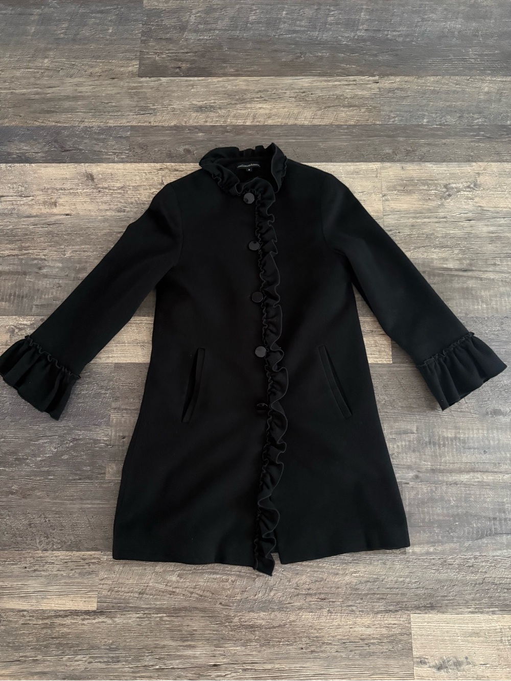 Sofia Cashmere Black Wool Coat Size 8 Ruffle Collar Placket & Cuffs Jacket